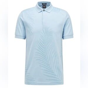 Boss Men's Size XL Mercerized Cotton Light Blue Leaf Print Polo Shirt Slim Fit